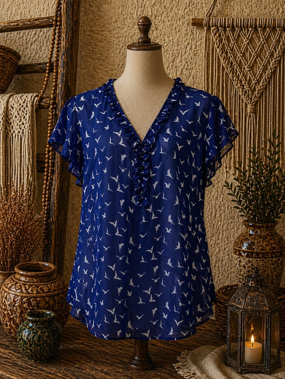 Lily Rose XL Sheer Royal Blue Blouse White Bird Print‎